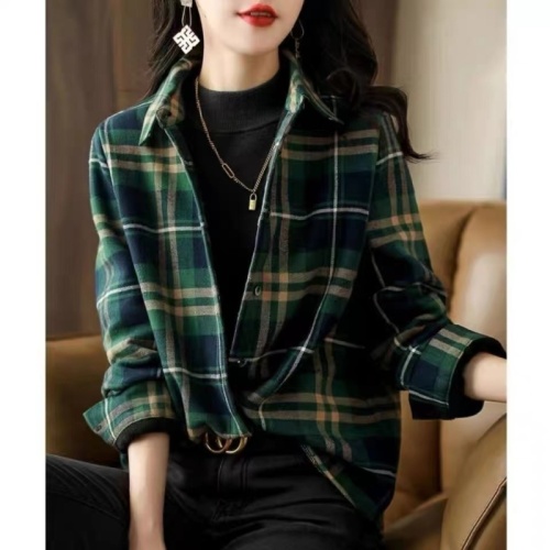 Brushed plaid long-sleeved shirt for women 2024 autumn new style retro all-match casual shirt loose outer top