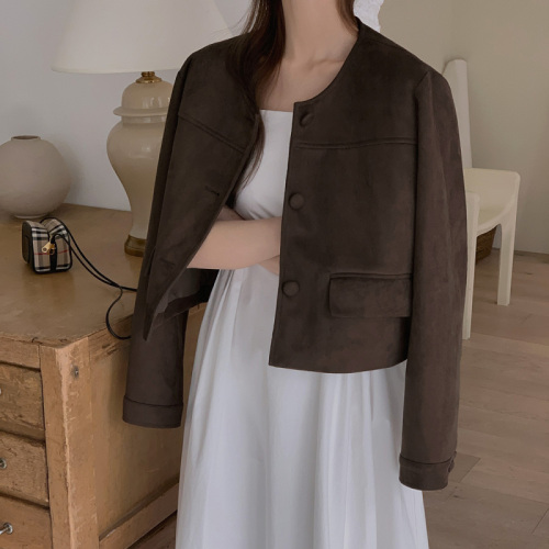 Korean style retro suede short coat, feminine, versatile, slim, Maillard loose autumn
