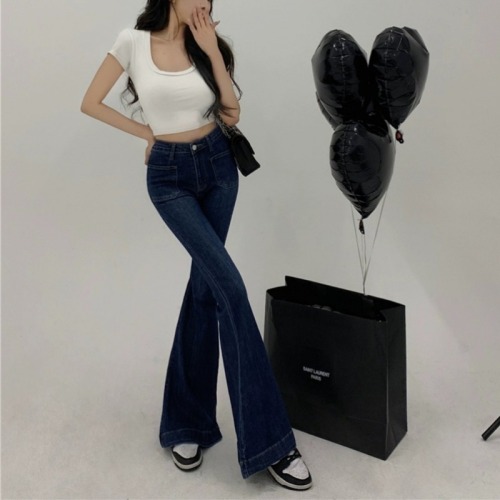 Real shot!  Double-pocket jeans for women, high-waisted slimming Korean style fashionable bell-bottom trousers