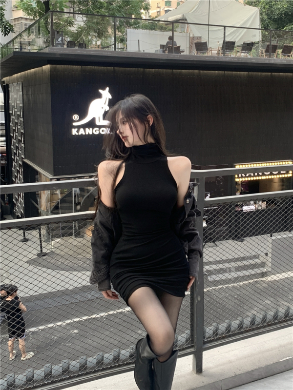 Pure Desire Style V-Neck Waist Slimming Covering Body Covering Hip Covering Long Sleeve Knitted Dress for Women