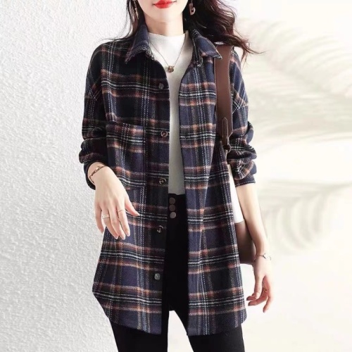 Women's autumn and winter new design retro plaid long-sleeved mid-length shirt jacket