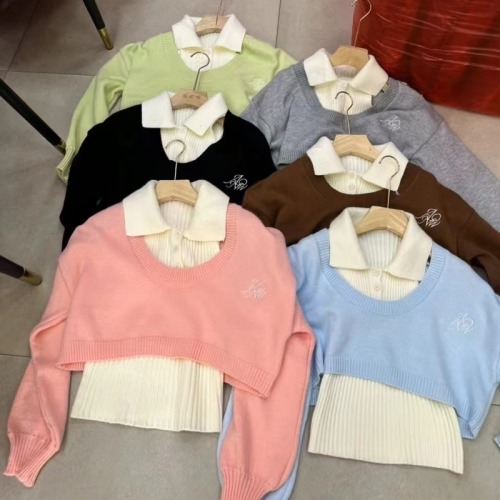 Korean style loose lazy style polo collar sweater women's spring and autumn college style knitwear two-piece short top