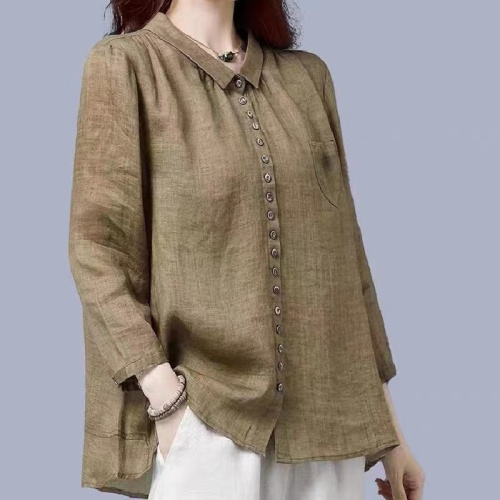 Linen shirt women's 2024 new autumn loose large size nine-quarter sleeve cotton and linen top ramie shirt