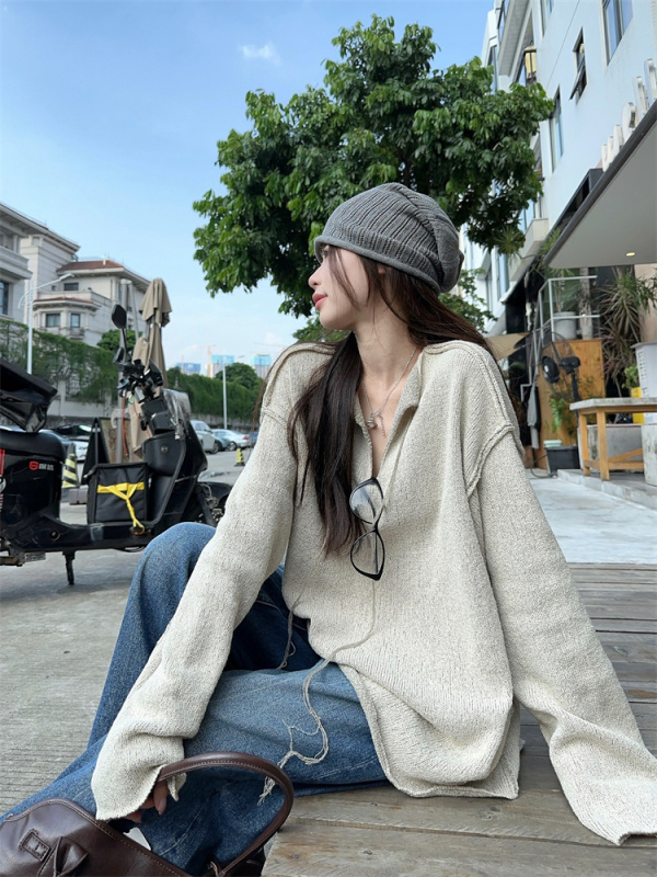 Actual shot and real price~V-neck sweater for women, reversible, loose long-sleeved top, washed jeans for women, autumn high waist
