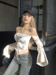 Butterfly taxidermy distressed antique print one-shoulder T-shirt spliced ​​slimming hot girl top