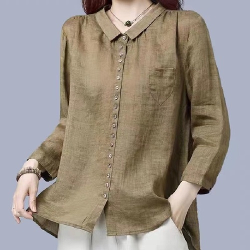 Linen shirt women's 2024 new autumn loose large size nine-quarter sleeve cotton and linen top ramie shirt