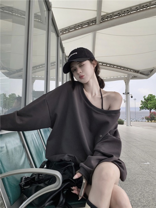 Lazy style dark gray off-shoulder loose long-sleeved sweatshirt