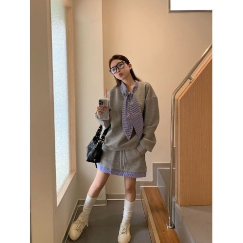 Fashion suit women's contrasting plaid lace-up sweatshirt 2024 autumn new high-waisted A-line skirt two-piece set