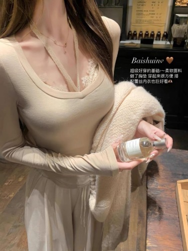 White Water Girl 3-Color Face Mask Print Floral Long-Sleeve T-Shirt Women's Patchwork Pure Desire Slimming Elegant Design V-Neck Top