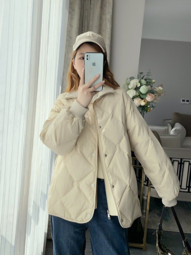 2024 Autumn and Winter Off-White Cotton Clothes Diamond Pattern Splicing Small Short Warm Stand-up Collar Cotton Jacket Coat for Women