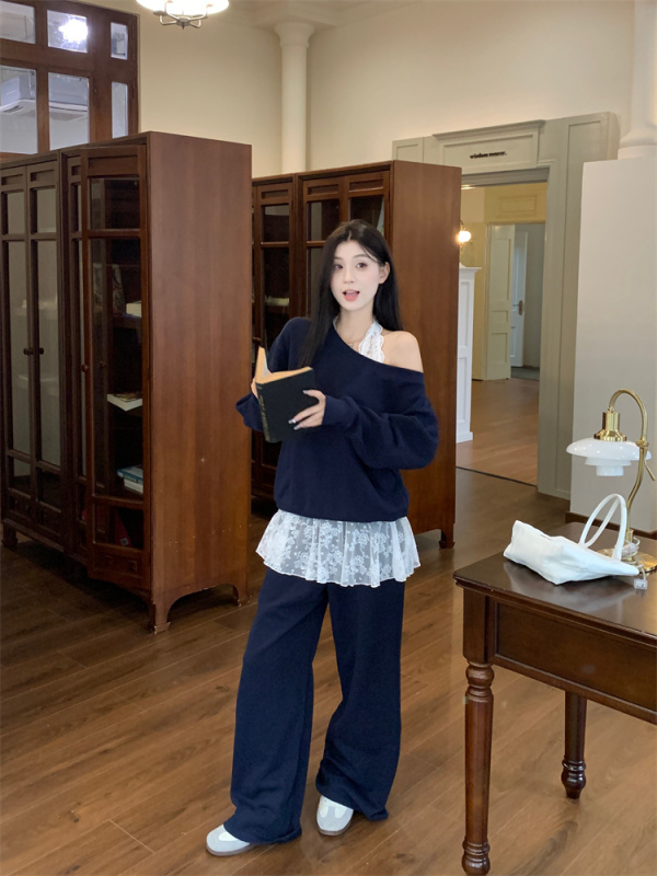 Large Size Autumn Thin V-neck Lace Shirt Navy Slant Collar Sweatshirt Temperament Casual Pants Two-piece Set for Women
