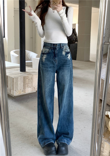 Real shot!  Retro distressed wide-leg jeans, new high-waisted, loose, slim and versatile trousers