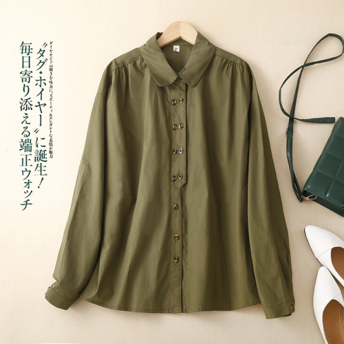 Japanese Mori women's retro lapel double-breasted art shirt solid color simple cotton and linen shirt