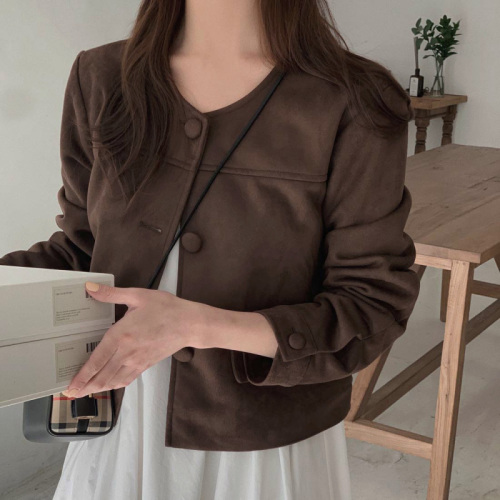 Korean style retro suede short coat, feminine, versatile, slim, Maillard loose autumn