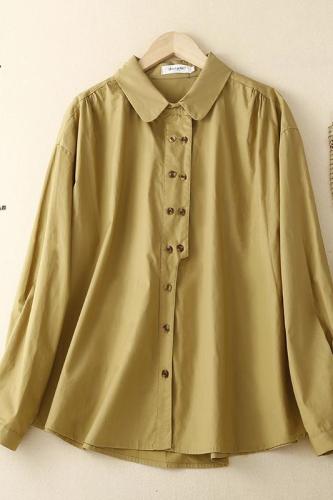 Japanese Mori women's retro lapel double-breasted art shirt solid color simple cotton and linen shirt