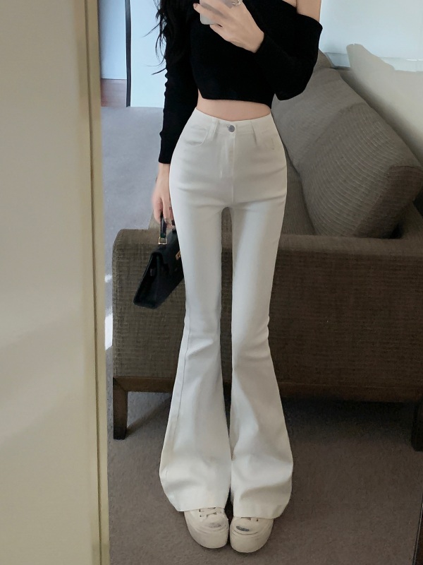~Slant neck off-shoulder long-sleeved hot girl slim top high waist elastic tight slimming flared trousers