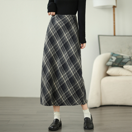 Large size fat mm retro plaid hip skirt women's autumn and winter woolen A-line mid-length slightly fat skirt