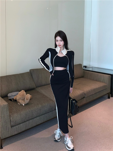 Real shot!  Autumn temperament suit women's contrasting color lapel long-sleeved jacket slit hip-covering skirt two-piece set