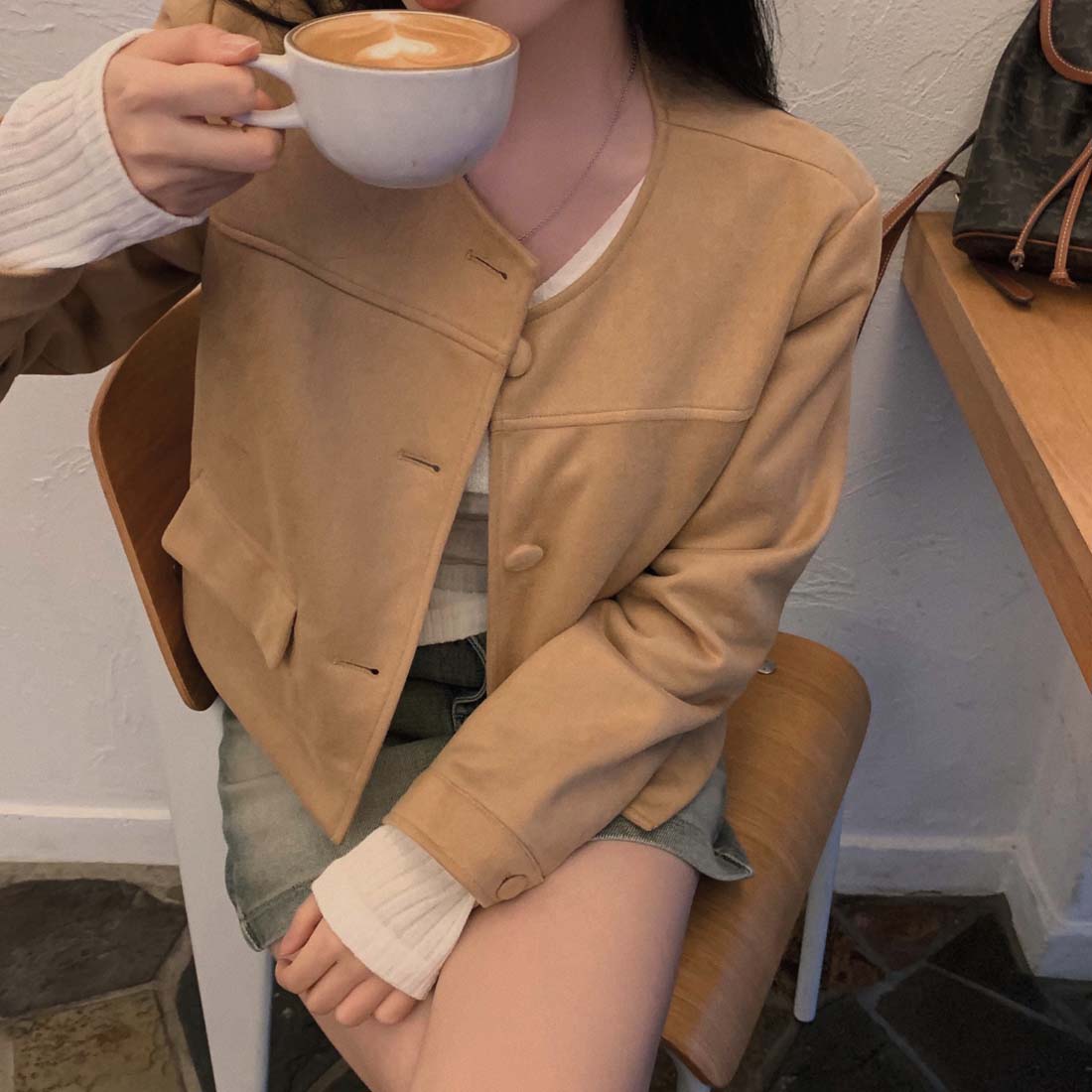 Korean style retro suede short coat, feminine, versatile, slim, Maillard loose autumn