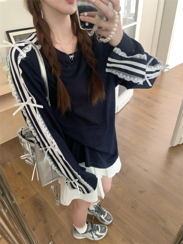 New design stitching lace bow long-sleeved T-shirt thin sun protection top