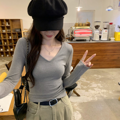 Actual pictures V-neck white inner bottoming shirt long-sleeved tops for women spring and autumn 2024 new style single wear temperament slim T-shirt