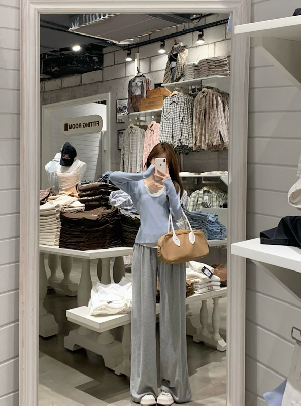 Fake two-piece contrasting color casual knitted top + autumn and winter comfortable gray casual wide-leg pants