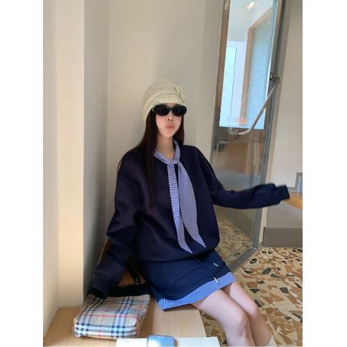 Fashion suit women's contrasting plaid lace-up sweatshirt 2024 autumn new high-waisted A-line skirt two-piece set