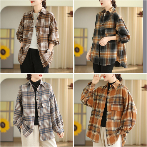 Retro brushed plaid shirt autumn and winter new versatile design niche loose jacket tops