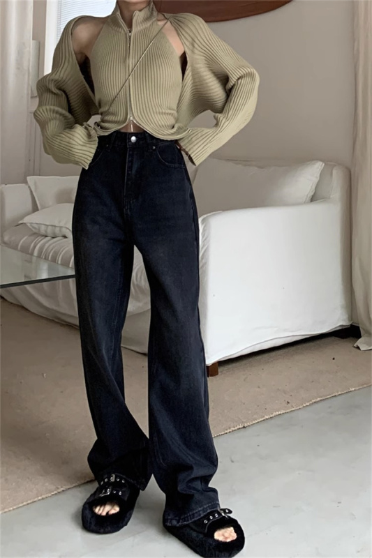 Autumn new American retro black and gray high-end all-match straight pants fashionable design slim jeans