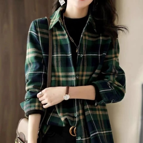 Brushed plaid long-sleeved shirt for women 2024 autumn new style retro all-match casual shirt loose outer top