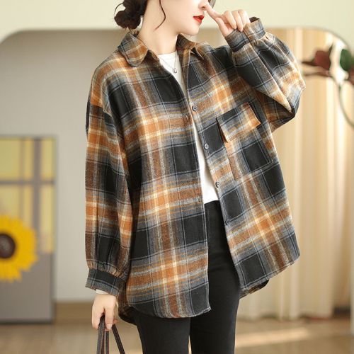 Retro brushed plaid shirt autumn and winter new versatile design niche loose jacket tops