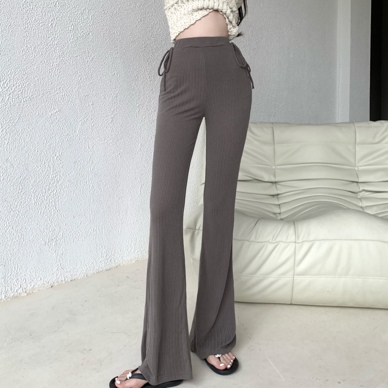 High-waisted, slightly flared trousers, vertical striped lace-up casual trousers, slimming trousers
