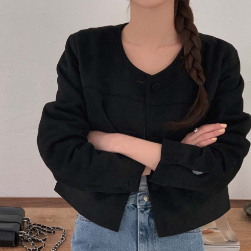 Korean style retro suede short coat, feminine, versatile, slim, Maillard loose autumn