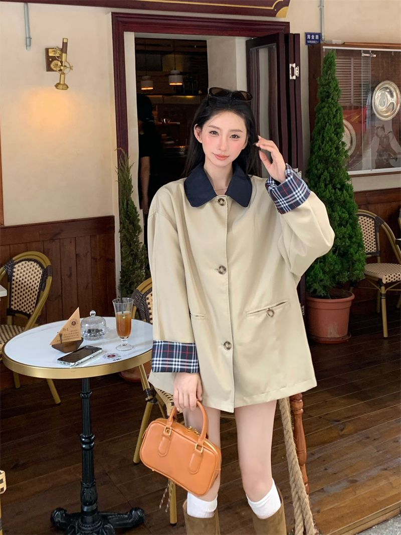 Actual shot of contrasting plaid trench coat for women Korean style loose and high-end mid-length coat