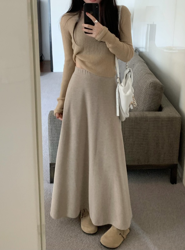 Large hem A-line skirt cashmere thin striped knitted lazy walker skirt
