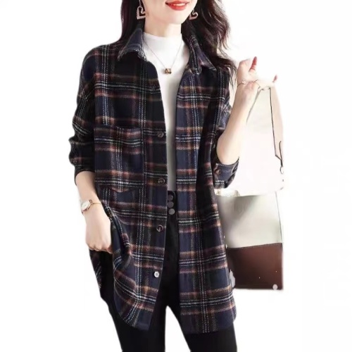 Women's autumn and winter new design retro plaid long-sleeved mid-length shirt jacket