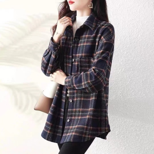 Women's autumn and winter new design retro plaid long-sleeved mid-length shirt jacket