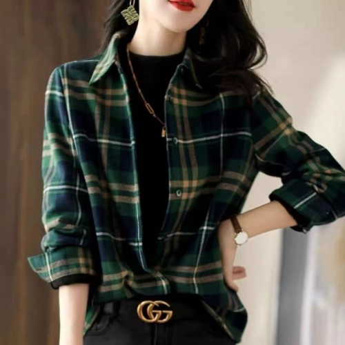 Brushed plaid long-sleeved shirt for women 2024 autumn new style retro all-match casual shirt loose outer top