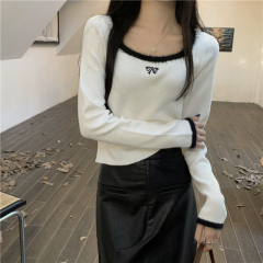 實拍 真 秋冬新款方領軟糯拼接上衣針織衫女