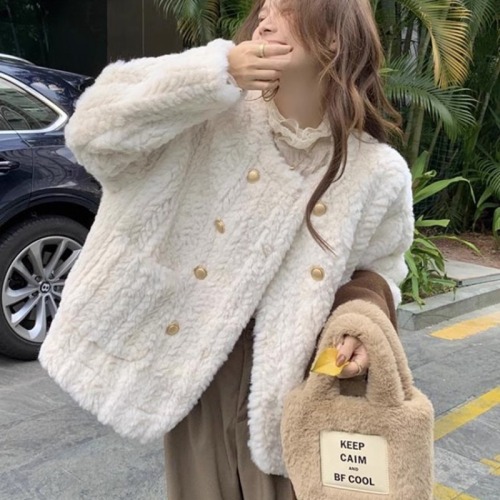 Lamb wool coat women's winter small fragrant style loose thickened plush white fur top cotton coat