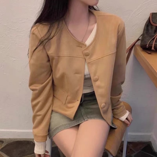 Korean style retro suede short coat, feminine, versatile, slim, Maillard loose autumn