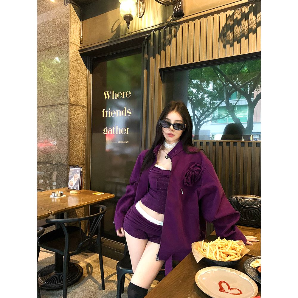 Real shot of Berlin Fog Purple Heavy Industry Retro Denim Short Jacket Women's Loose Casual Motorcycle Jacket Top Autumn
