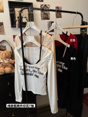 Real shot autumn hot girl short letter printed long-sleeved T-shirt fake two pieces strap layered top 