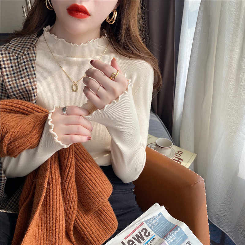 Half-height collar women's winter spring new mushroom edge stylish innerwear slim fit sweater tight crew neck top