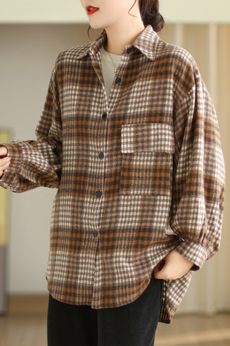 Retro brushed plaid shirt autumn and winter new versatile design niche loose jacket tops