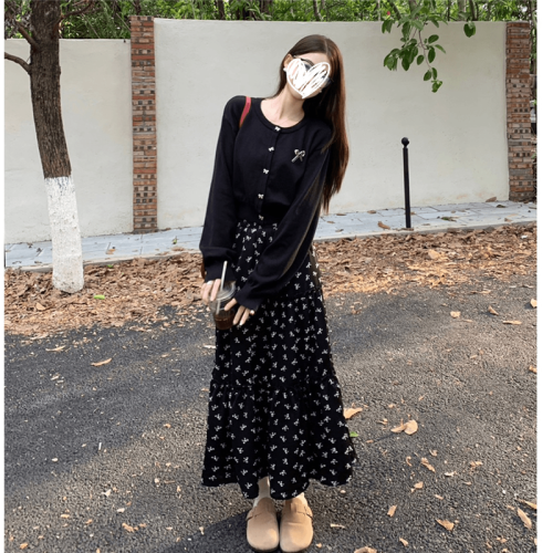 Actual shot ~ Bow long-sleeved sweater floral high-waisted half-length skirt for women early autumn new fashion two-piece set