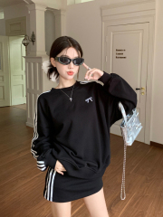 Chinese cotton composite milk silk three-stripe sweatshirt for women early autumn A-line hip skirt skirt casual two-piece set