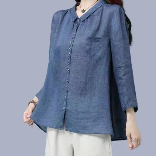 Linen shirt women's 2024 new autumn loose large size nine-quarter sleeve cotton and linen top ramie shirt