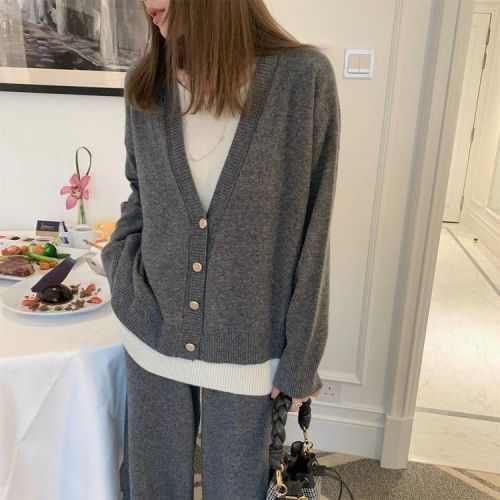 Knitted sweater Korean new style lazy retro contrast color large size fat mm autumn long-sleeved niche cardigan top