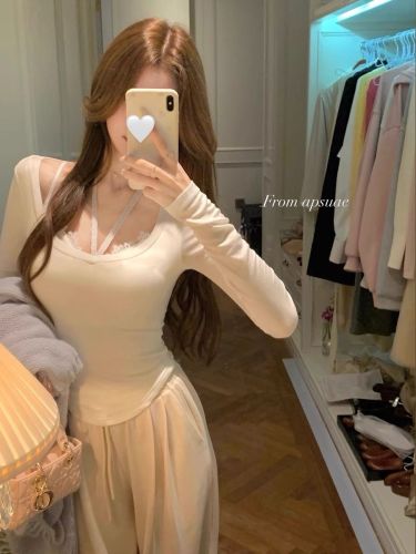 White Water Girl 3-Color Face Mask Print Floral Long-Sleeve T-Shirt Women's Patchwork Pure Desire Slimming Elegant Design V-Neck Top